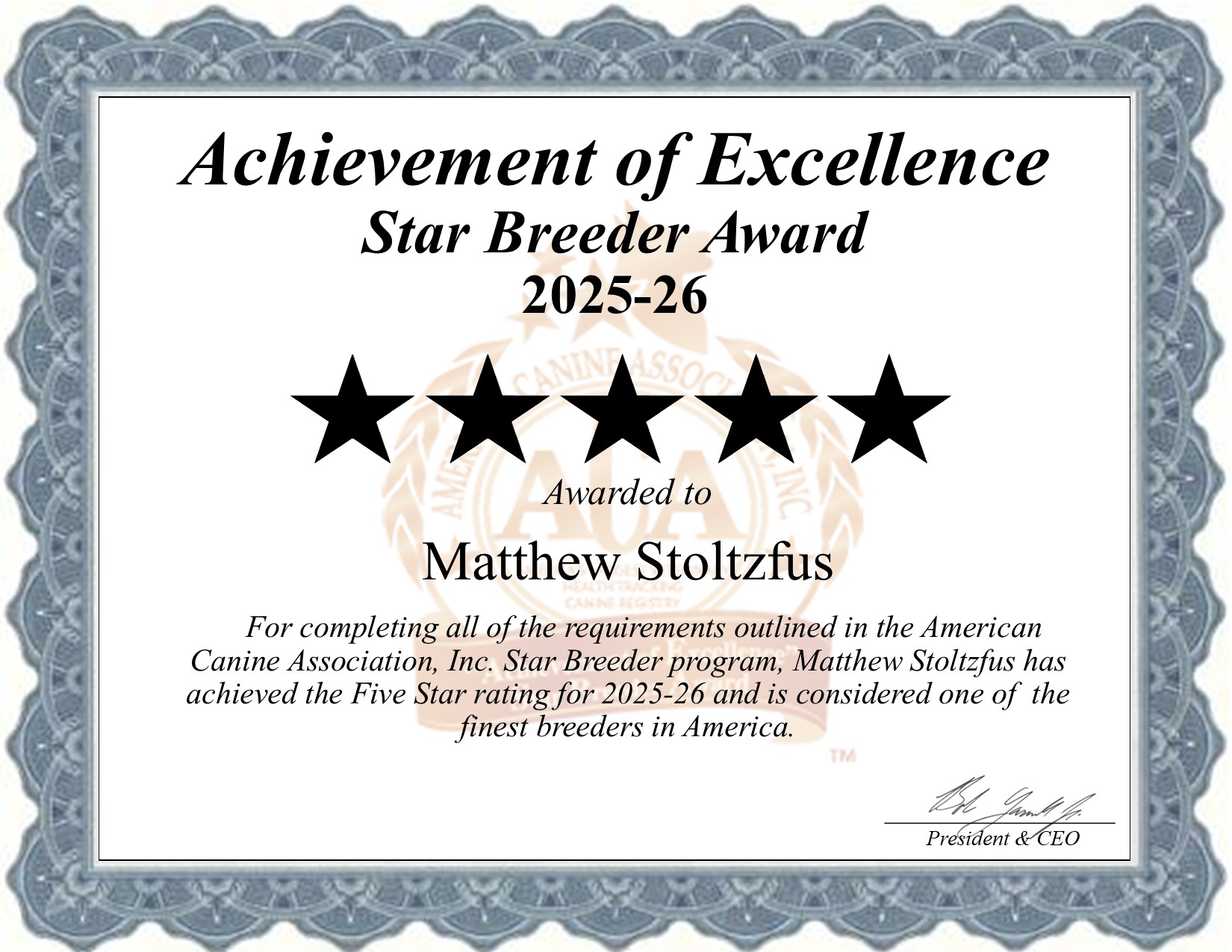 Matthew B. Stoltzfus dog breeder certificate